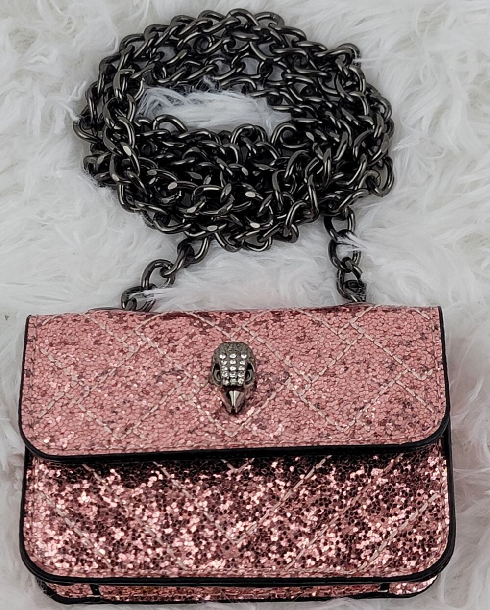 Designer Micro Mini Purse Pink Glitter Sequin Crossbody 24" Chain Bag Eagle New